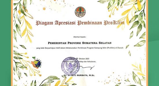Serius Antisipasi Dampak Perubahan Iklim, Pemprov Sumsel Raih Penghargaan Proklim 2021